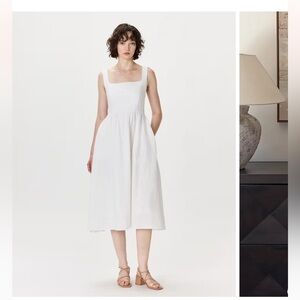 100% European Linen Fit & Flare Midi Dress in White